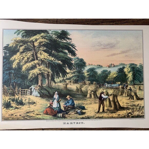 Currier and Ives "Harvest" Calendar Print Hay Haystacks Barrel Farm Horse Wagon - Picture 2 of 5